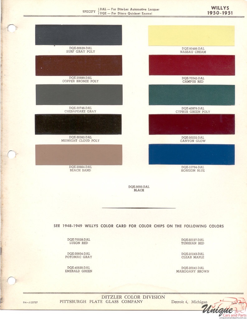 1950 Willys Paint Charts PPG 1